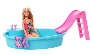 Barbie Pool Spielset mit Puppe (blond), Anziehpuppe, Barbie Möbel, Barbie Zubehör