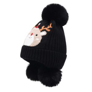 Kinder-Mütze, Cartoon-Tier-Muster, Herbst-Winter, flauschige Pompons, passend für Kleinkinder, für den Außenbereich, Schwarz