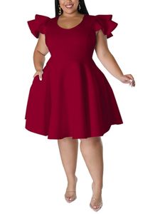 Damen Abendkleider Rüschenhülle Große Größe Midi Kleid Einfarbig Sommerkleid Ballkleid Rotwein,Größe 4XL