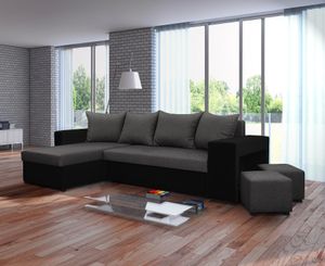 Nawstol Ecksofa TYMON mit Schlaffunktion, L-Form mit Bettkasten, Eckcouch Wohnzimmer, Bettsofa, Universalecke - Farbe grau Schwarzes Kunstleder