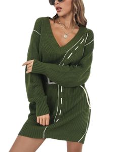 Frauen Langarm Pullover Kleid Warm V Hals Sweatshirt Strickjacke Casual Solid Color Mini-Kleider,Farbe:Armeegrün,Größe:L