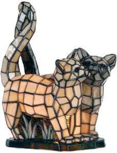 Clayre & Eef Tiffany Tischlampe Katzen 27x18x35 cm  Beige Grau Glas