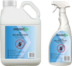 INSIGO 5L + 750ml Anti-Milbenspray, Mittel gegen Milben Milbenbefall Milbenfrei Schutz gegen Eier auf Wasserbasis, fleckenfrei, geruchlos, mit Schnell- & Langzeitwirkung frei EX