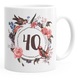 Geburtstags-Tasse 40 vierzig Geschenk-Tasse Kaffee-Tasse Blumen Blüten Blumenkranz MoonWorks® weiß unisize