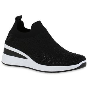 VAN HILL Damen Sneaker Keilabsatz Strass Strick Profil-Sohle Schuhe 840163, Farbe: Schwarz, Größe: 37