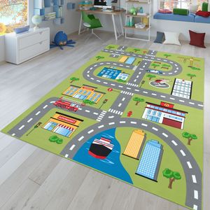 Kinder-Teppich, Spielteppich Für Kinderzimmer Mit Straßen-Muster Und Autos, Grün Größe 120x160 cm