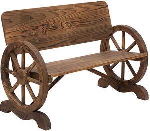 Zahradní lavička Outsunny s područkou, lavička s designem kola od vozu, zahradní nábytek, rustikální lavička, masivní dřevo, hnědá, 114 x 58 x 80 cm