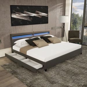 HOME DELUXE - LED Bett NUBE - Dunkelgrau, 200 x 200 cm - inkl. Matratze, Lattenrost und Schubladen I Polsterbett Design Bett inkl. Beleuchtung