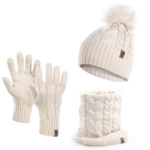 Damen Wintermütze Schlauchschal Handschuhe 3 teiliges Set | Warme Winter Mütze Schal Winterhandschuhe Beanie gefüttert beige