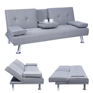3er-Sofa HWC-F60, Couch Schlafsofa Gästebett, Tassenhalter verstellbar 97x166cm  Textil, hellgrau