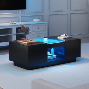 Merax Couchtisch mit LED und 2 Schubladen, Beistelltisch mit Glasplatte, Wohnzimmertisch inkl. APP, Couchtisch Kaffeetisch 100x50x35.5cm, Schwarz
