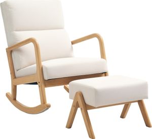 HOMCOM Schaukelstuhl mit Hocker, Relaxsessel mit Leinenoptik, Schaukelsessel mit Holzbeine Schwingsessel für Schlafzimmer, Wohnzimmer, bis 150 kg belastbar, Cremeweiß
