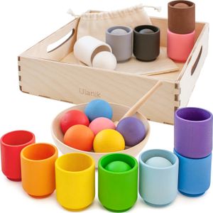 Kulki Ulanik w kubeczkach dla maluchów Zabawki Montessori od 1 roku + kulki sensoryczne dla niemowląt drewniane gry do liczenia i sortowania nauka kolorów - 12 drewnianych kolorowych kulek