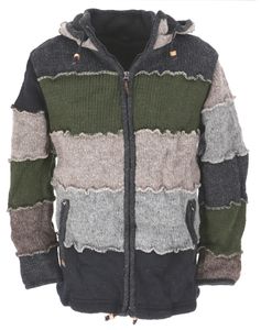 Wolljacke, Patchwork Nepaljacke, Gefütterte Strickjacke Grau/olivgrün - Modell 7, Herren, Wolle, Größe: S