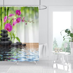 YULUOSHA Duschvorhang Bambus  Violette Orchidee schwarzer Stein wasserdicht Duschvorhang Shower Curtain 200 x 200 cm MIT 12 HAKEN