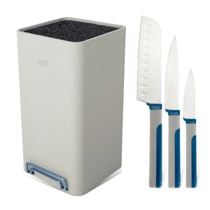 Messerblock-Set inkl. 3 Messern, 4-tlg, Universalmesserblock mit Borsteneinsatz, inkl. Tablet- und Handyhalter & rostfreien Edelstahlmessern