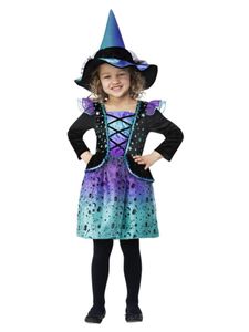 Kinder Kostüm Hexe Kleid schwarz blau Halloween Fasching Gr. 3-4 J.