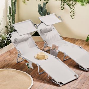 SoBuy 2-er Set Sonnenliege mit Sonnendach und Kopfkissen Auflage klappbare Gartenliege Relaxstuhl für Gärten, Höfe, Strände, Balkone Beige OGS48-MIx2