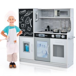 COSTWAY Kinderküche mit 10 Spielzubehör, Spielküche Kinder mit Tafel, Spielzeugküche mit Mikrowelle Eismaschine & Geschirrspüler & Backofen (Weiß)