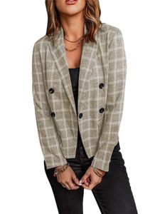 Damen Blazer Kurz Cardigan Casual Outwear Plaid Cardigan Jacke Knopf Oberbekleidung Farbe:Khaki,Größe XXL