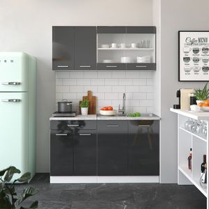 Livinity® Singleküche R-Line, 140 cm mit Arbeitsplatte, Anthrazit Hochglanz/Weiß