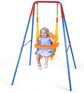 COSTWAY Babyschaukel Kinderschaukel mit Schaukelgerüst Rückenlehne & Geländer Schaukelsitz 25kg belastbar Gartenschaukel für Baby & Kinder
