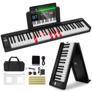 VEVOR 61-Tasten-Klappklavier, Bluetooth und MIDI, tragbares elektronisches digitales Klappklavier mit Sustain-Pedal, berührungsempfindlichen beleuchteten Tasten, Tasche, wiederaufladbar schwarz