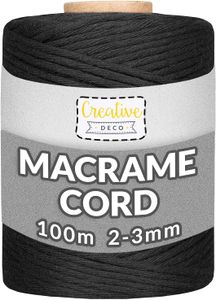 Creative Deco 200m Schwarz Makramee-Garn Baumwoll-Kordel Baumwoll-Schnur | 2-3 mm Dick 15-lagig Schnur | Große Rolle Naturliche Stark | Perf