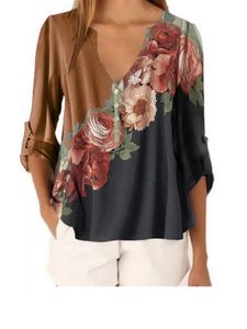 Damen-Blumen-Chiffon-Hemd Mit V-Ausschnitt Und Lässigem Button-Top,Farbe: Braun,Größe:XL