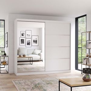 Schwebetürenschrank Kleiderschrank Schrank 203 cm mit Spiegel Weiss/Weiss Multi 42 Schwebetürenschrank Kleiderschrank Schrank 203 cm mit Spiegel Weiss/Weiss Multi 42