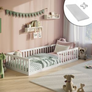 Bodenbett Bett mit Rausfallschutz & Lattenrost Montessori Bett Kinder Jugendbett Einzelbett optional mit Matratze | weiß Kiefer 90x200 cm