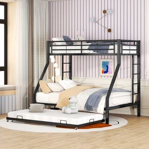 Merax Etagenbett 90x200cm/140x200cm Ausziehbett mit ausziehbarem Bett, Metallbett Erweiterbares Kinderbett mit Rausfallschutz und Leiter, Schwarz