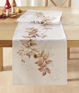 Tischläufer "Herbstblätter" creme weiß, Blättermotiv in Braun, 40x140 cm, Mitteldecke