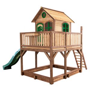 AXI Spielhaus Liam mit Sandkasten & grüner Rutsche | Stelzenhaus XXL in Braun & Grün aus  Holz für Kinder | Spielturm mit Wellenrutsche für den Garten
