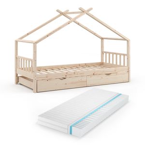 Vitalispa Hausbett Design, 90 x 200 cm mit Gästebett und Matratze, Naturholz