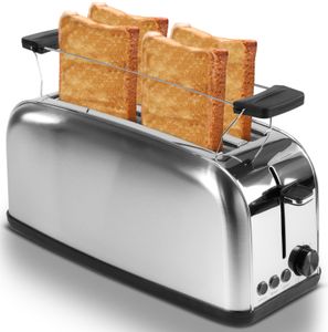 Steinborg Edelstahl 4 Scheiben Langschlitz Toaster | Cool-Touch Gehäuse | Krümelfach | Mit Brötchenaufsatz | Auftau-Funktion | 1400 Watt