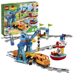 LEGO 10875 DUPLO Güterzug, „Push & Go“-Lok mit Lichtern und Geräuschen, Funktionssteinen und 2 Kranen, Spielzeug für Mädchen und Jungen ab 2 Jahren