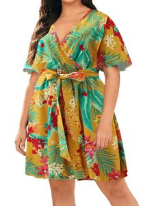 Damen Kurzarm Sunddress Beach gegen Hals T -Shirt Kleid Plus Größe Blumendruck Kurzmini -Kleider,Farbe:Gelb,Größe:2xl