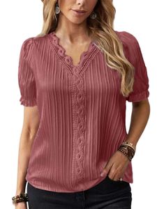 Damen Kurzarm Hollow Out Blusenlose V-Ausschnitt T-Shirt Sommer Spitzenoberteil Rosa,Größe XL