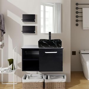 Puluomis Badmöbel Set mit Waschbecken Waschbeckenunterschrank mit Waschbecken Waschtisch Unterschrank mit Spiegel badezimmer Küche Keramik schwarz