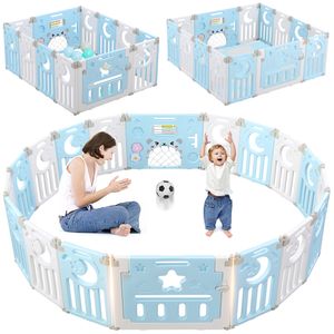 Dripex Laufgitter Laufstall Baby Absperrgitter 14-Paneele Schutzgitter Krabbelgitter für Kinder aus Kunststoff mit Tür und Spielzeugboard (Blau-Weiß)