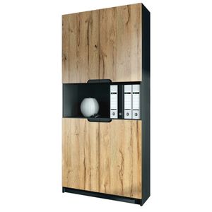 Vladon Büroschrank Logan V2, Made in Germany, Aktenschrank mit 5 Fächern und 4 Türen, Schwarz matt/Eiche Natur (82 x 184 x 37 cm)