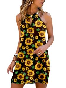 Damen eine Linie Sommerkleid Beach Leopardendruckkleid Blumendruckkleider,Farbe:Gelb Größe:2xl
