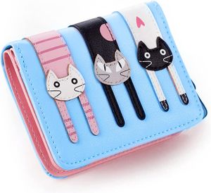 Leap Cartoon-Katzen-Geldbörse für Frauen, mit Katze verziertes Reißverschluss-Geldbörse, kleine Leder-Geldbörse mit Reißverschluss, Geschenk für Mädchen (blau)