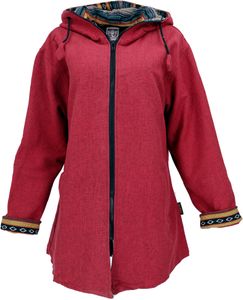 Boho Kurzmantel, Baumwollmantel aus Nepal, Lange Jacke - Rot, Damen, Baumwolle, Größe: L