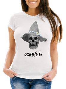 T-Shirt Damen ozapft is Totenkopf Filzhut Bayrisch Bayern Skull Slim Fit Moonworks® weiß L