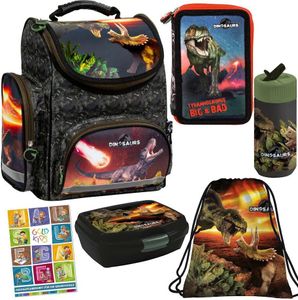 Schulranzen Set 6er Ranzen Tornister Federmappe Turnbeutel Turnsack Brotdose Trinkflasche Aufgabenheft für die Grundschule Dinosaurier Dino Motiv