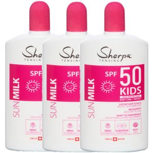 Sherpa Tensing 3x Sonnencreme für Kinder SPF 50 Sofortiger Schutz 100% Vegan Wasserfest Sanft zu Kinderhaut Swiss made  getestet