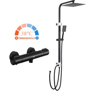 Duschset Duschsystem + Duschthermostat Duscharmatur mit 38 ° C Sicherheitstaste, Regenduschset Schwarz mit Kopfbrause Handbrause für Bad