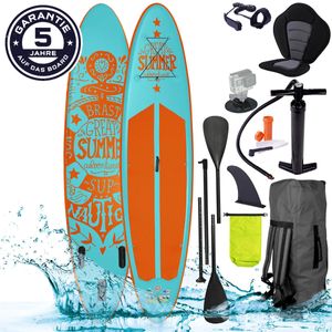BRAST SUP Board Summer Aufblasbares Stand up Paddle Set 320x81x15cm Türkis inkl. 2in1 Paddel Kajak-Sitz Action-Cam-Halterung Fußschlaufe Pumpe Rucksack